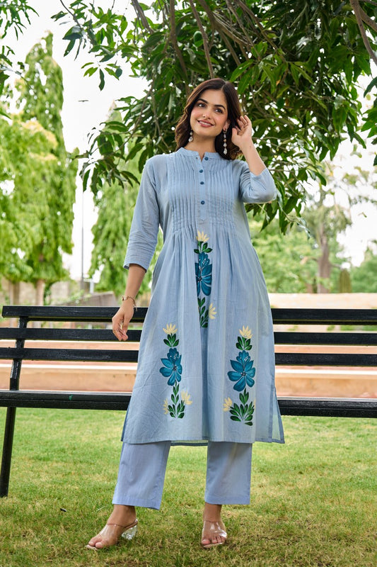 Pastel Blue Floral Embroidered Cotton Cord Set for Women