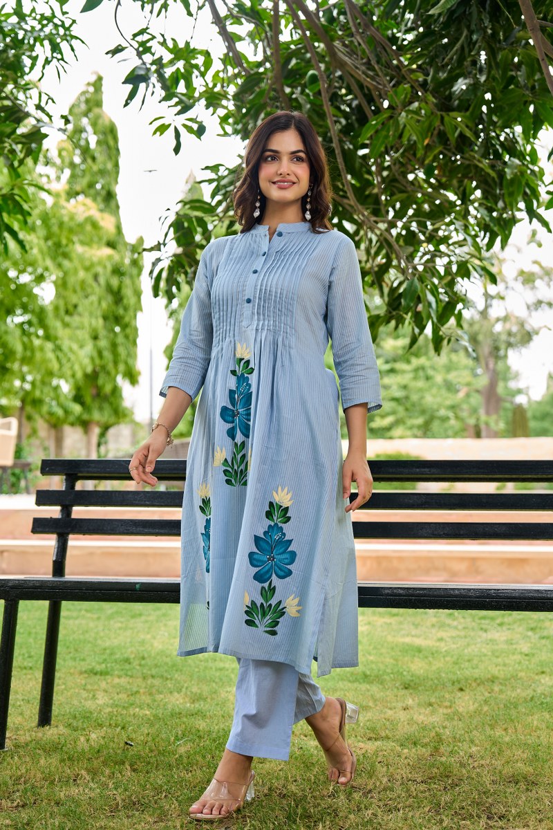 Pastel Blue Floral Embroidered Cotton Cord Set for Women
