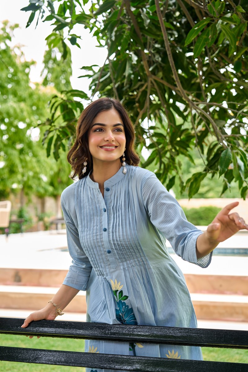 Pastel Blue Floral Embroidered Cotton Cord Set for Women