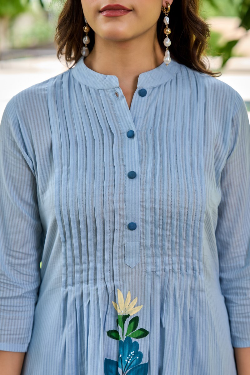 Pastel Blue Floral Embroidered Cotton Cord Set for Women