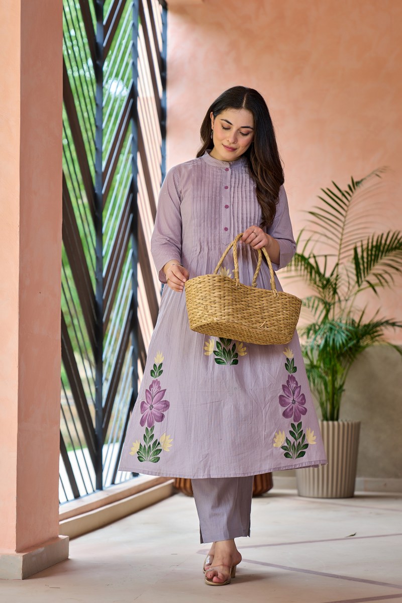 Lavender Floral Embroidered Cotton Cord Set for Women