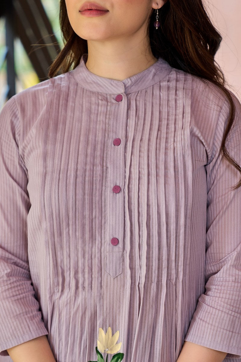 Lavender Floral Embroidered Cotton Cord Set for Women