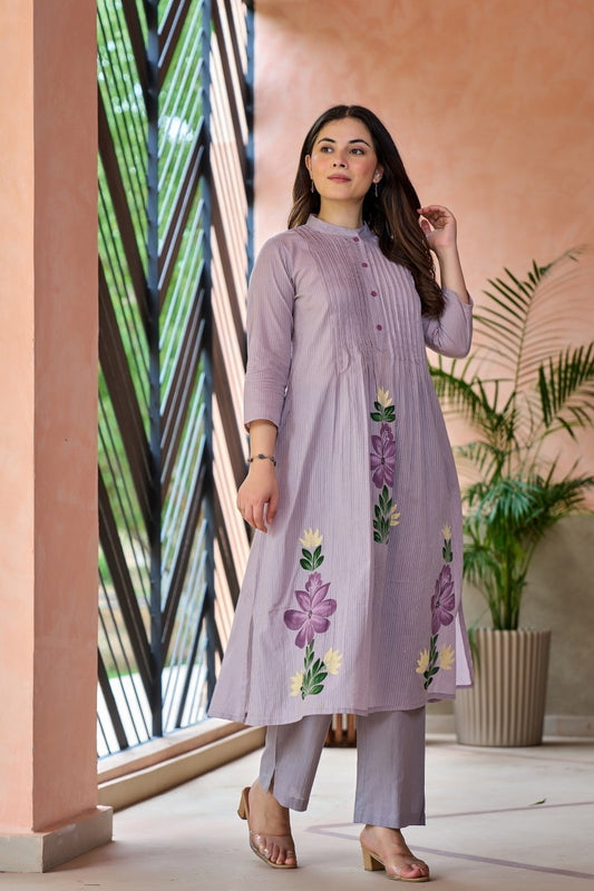 Lavender Floral Embroidered Cotton Cord Set for Women
