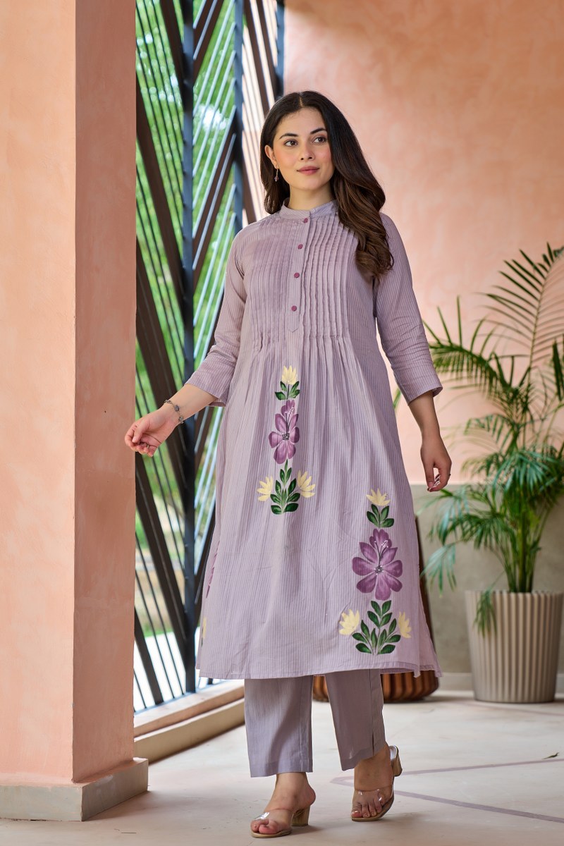 Lavender Floral Embroidered Cotton Cord Set for Women