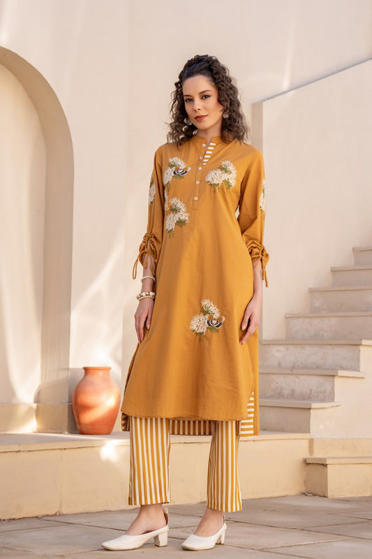 Mustard Yellow Floral Printed Cotton Cord Set for Women