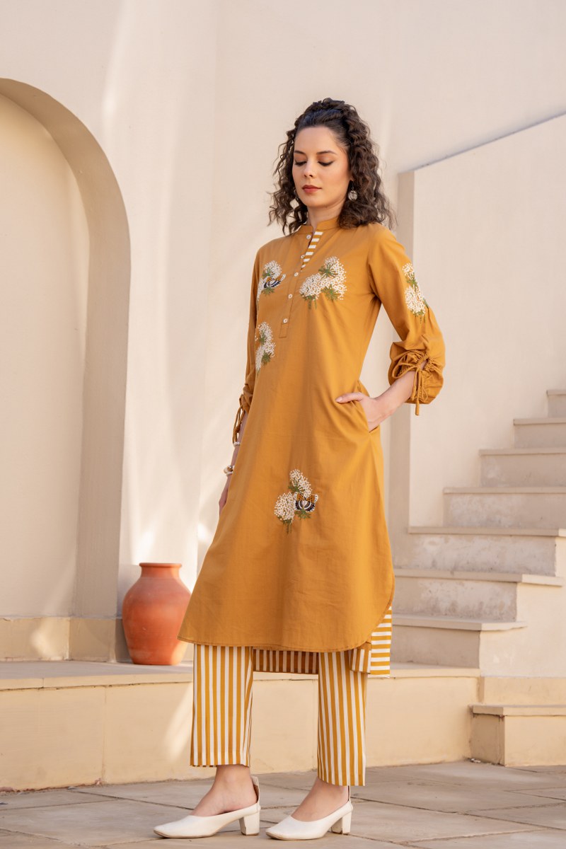 Mustard Yellow Floral Printed Cotton Cord Set for Women