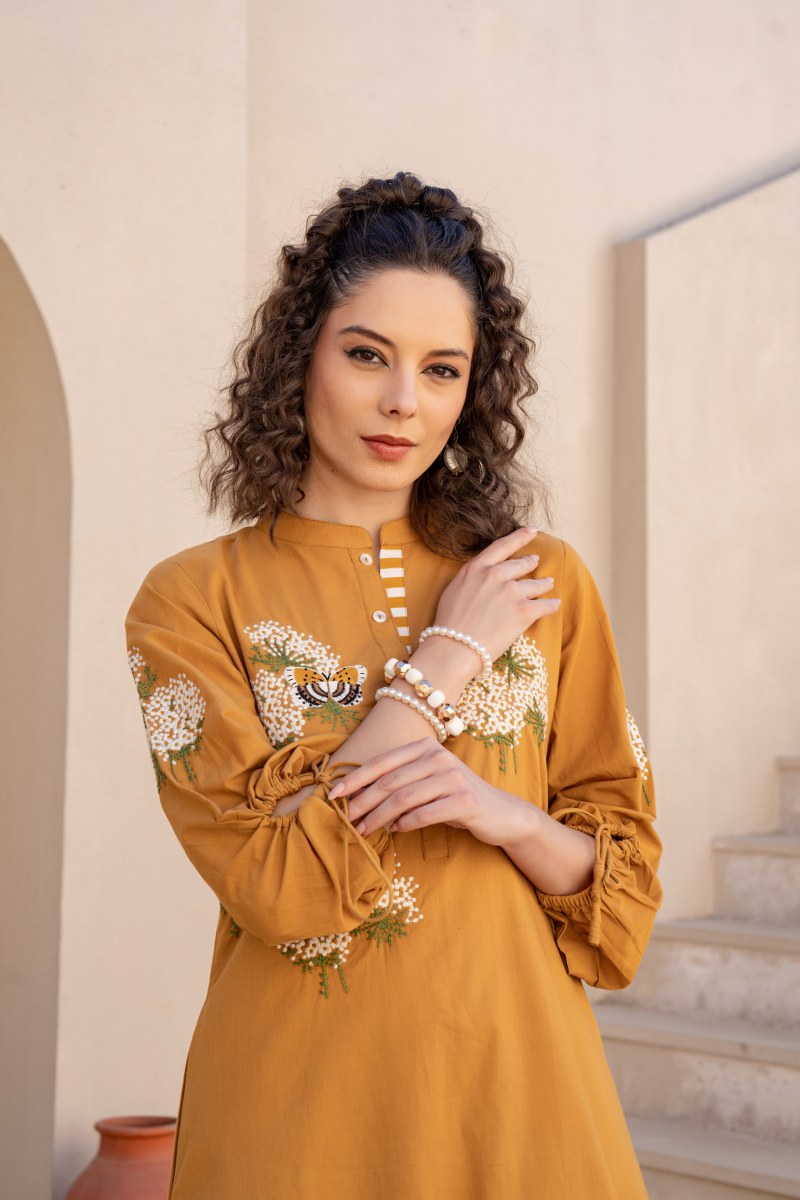Mustard Yellow Floral Printed Cotton Cord Set for Women