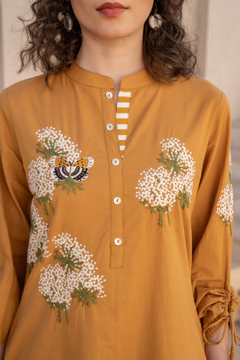 Mustard Yellow Floral Printed Cotton Cord Set for Women
