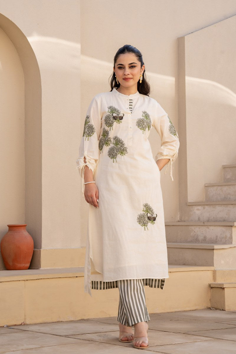 Ivory Green Floral Printed Cotton Cord Set for Women