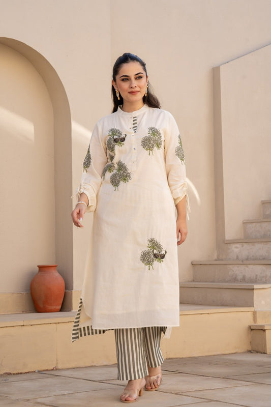 Ivory Green Floral Printed Cotton Cord Set for Women