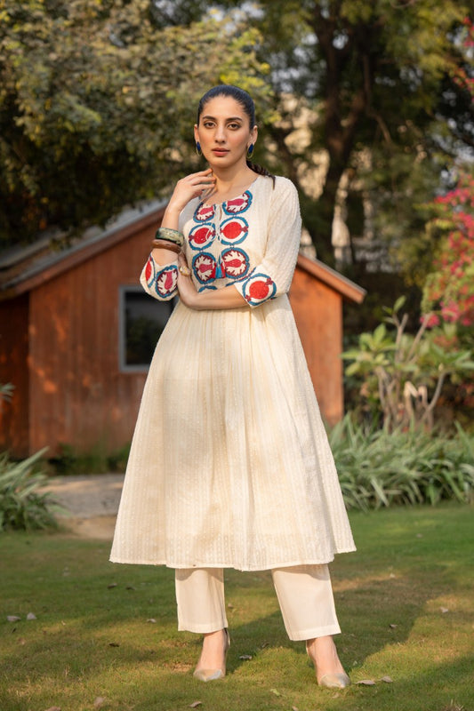 Ivory Hand-block Printed Yoke Cotton Cord Set for Women