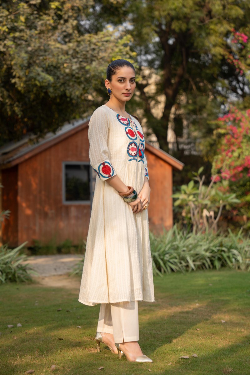 Ivory Hand-block Printed Yoke Cotton Cord Set for Women