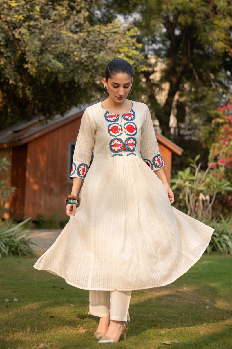Ivory Hand-block Printed Yoke Cotton Cord Set for Women