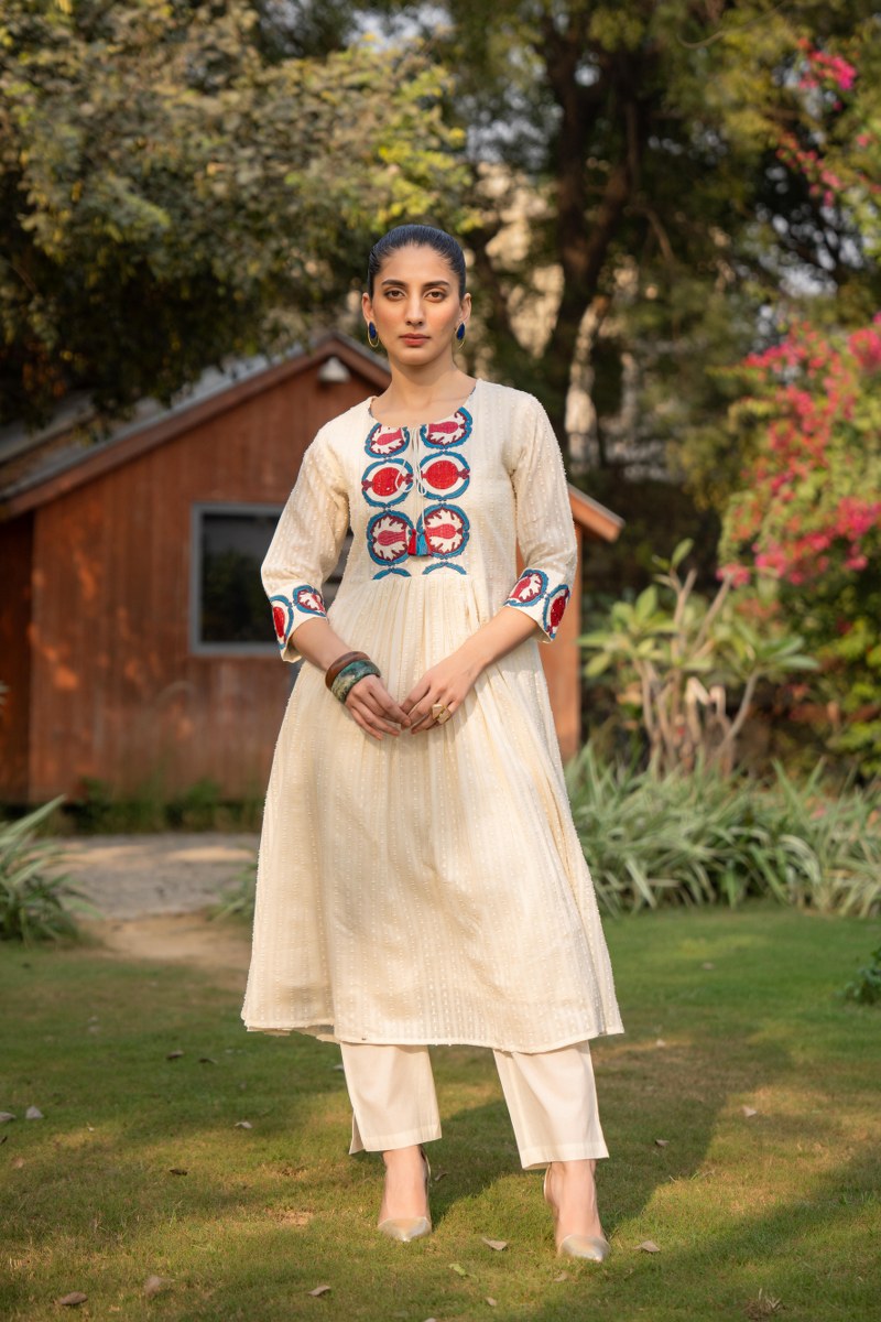 Ivory Hand-block Printed Yoke Cotton Cord Set for Women