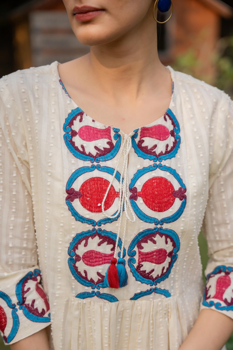 Ivory Hand-block Printed Yoke Cotton Cord Set for Women