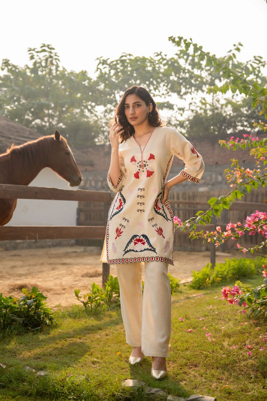 Cream Embroidered 2-Piece Cord Set