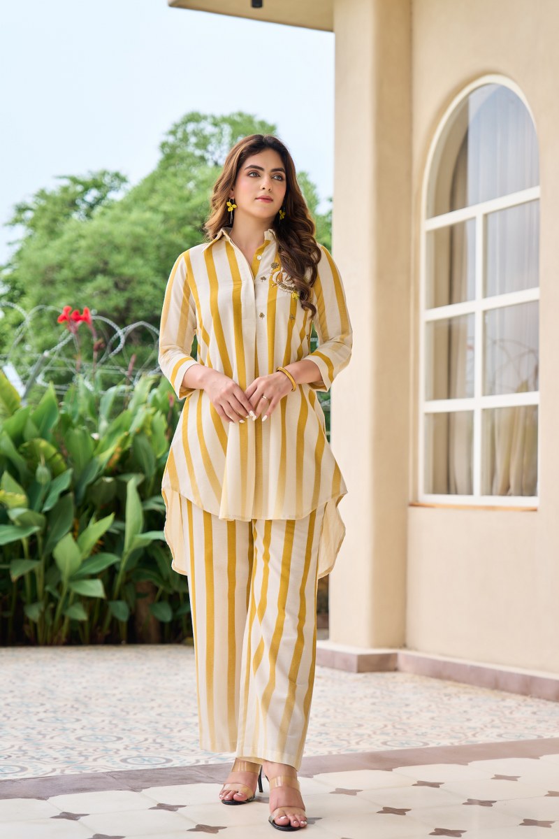 Yellow & White Striped Co-Ord Set for Women | Cotton Shirt Kurta with Pants
