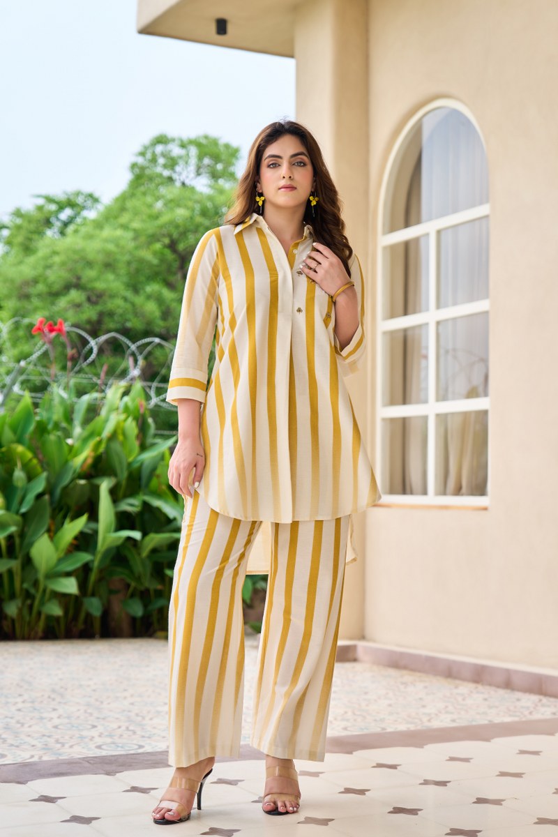 Yellow & White Striped Co-Ord Set for Women | Cotton Shirt Kurta with Pants