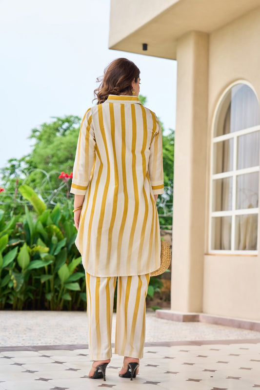 Yellow & White Striped Co-Ord Set for Women | Cotton Shirt Kurta with Pants