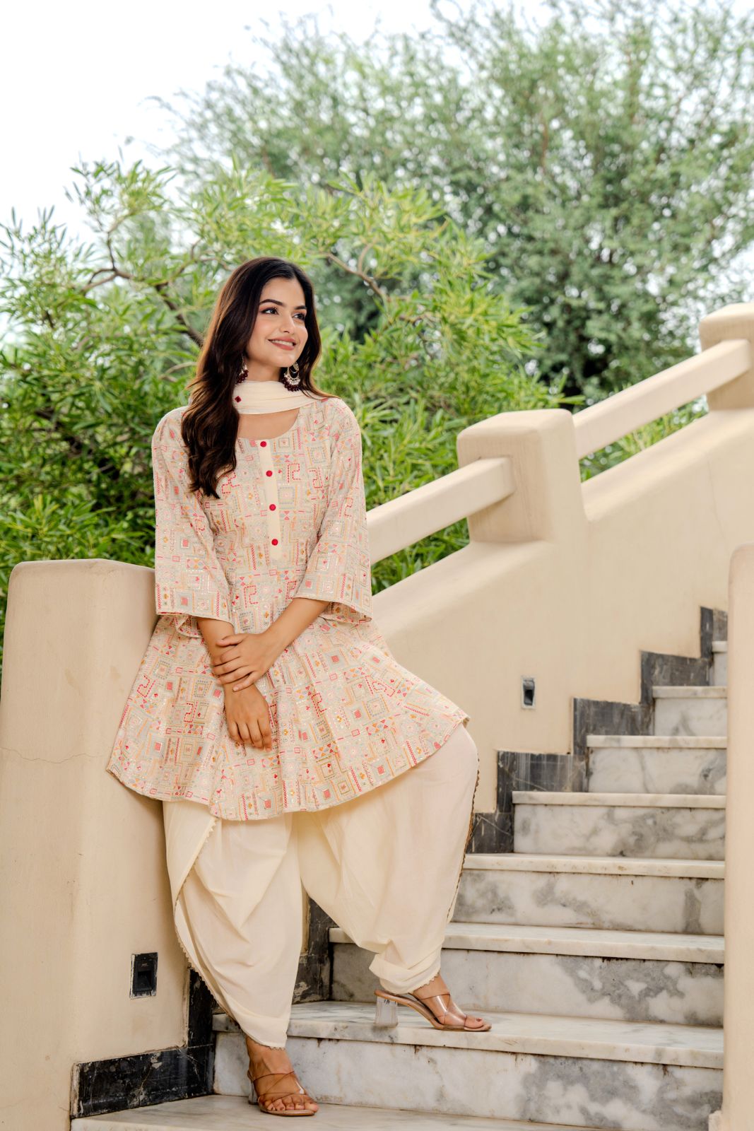 Designer Off-White Flared Kurta with Dhoti Pants & Dupatta – Women’s Festive Ethnic Set