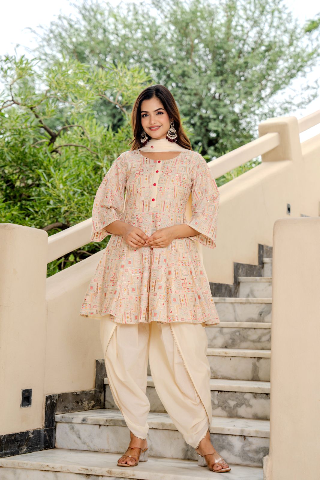 Designer Off-White Flared Kurta with Dhoti Pants & Dupatta – Women’s Festive Ethnic Set
