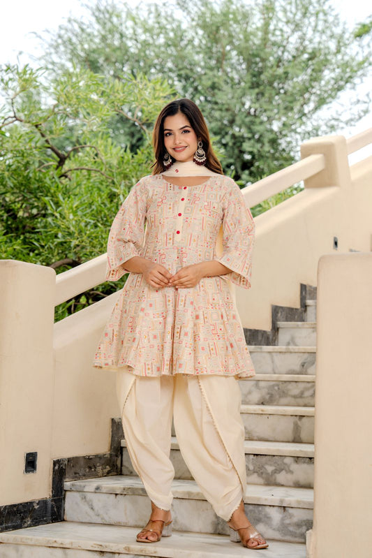 Designer Off-White Flared Kurta with Dhoti Pants & Dupatta – Women’s Festive Ethnic Set