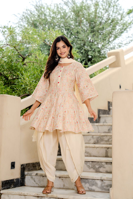 Designer Off-White Flared Kurta with Dhoti Pants & Dupatta – Women’s Festive Ethnic Set