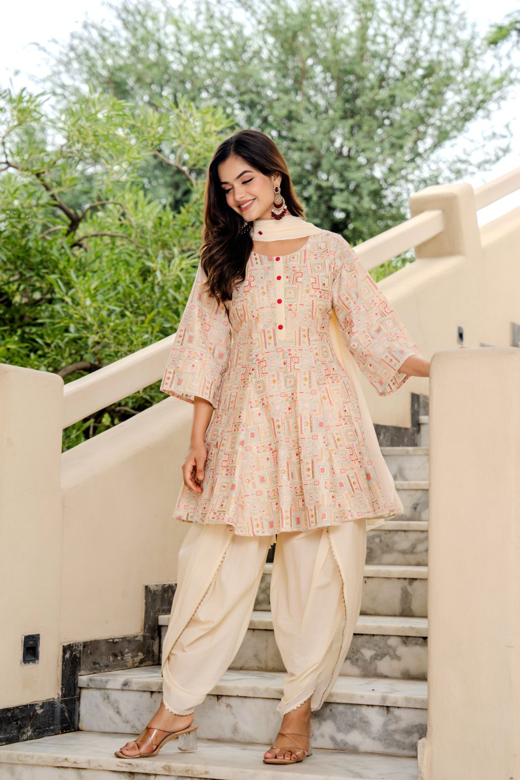 Designer Off-White Flared Kurta with Dhoti Pants & Dupatta – Women’s Festive Ethnic Set