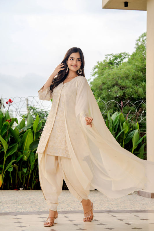 Luxury Off-White Embroidered Kurta with Dhoti Pants & Dupatta – Women’s Festive Ethnic Outfit