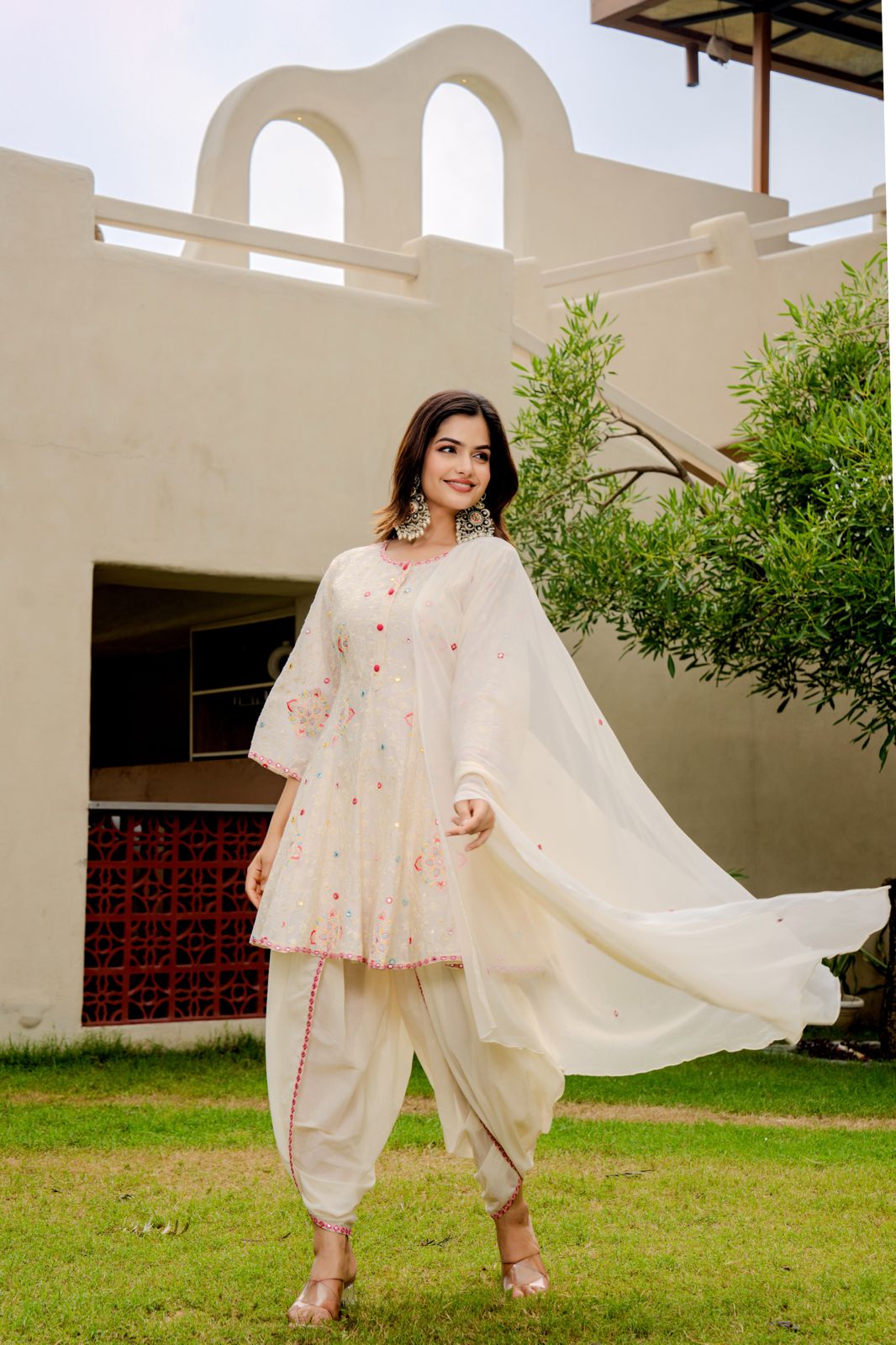 Chic Off-White Embroidered Kurta with Dhoti Pants & Dupatta – Festive Ethnic Set for Women