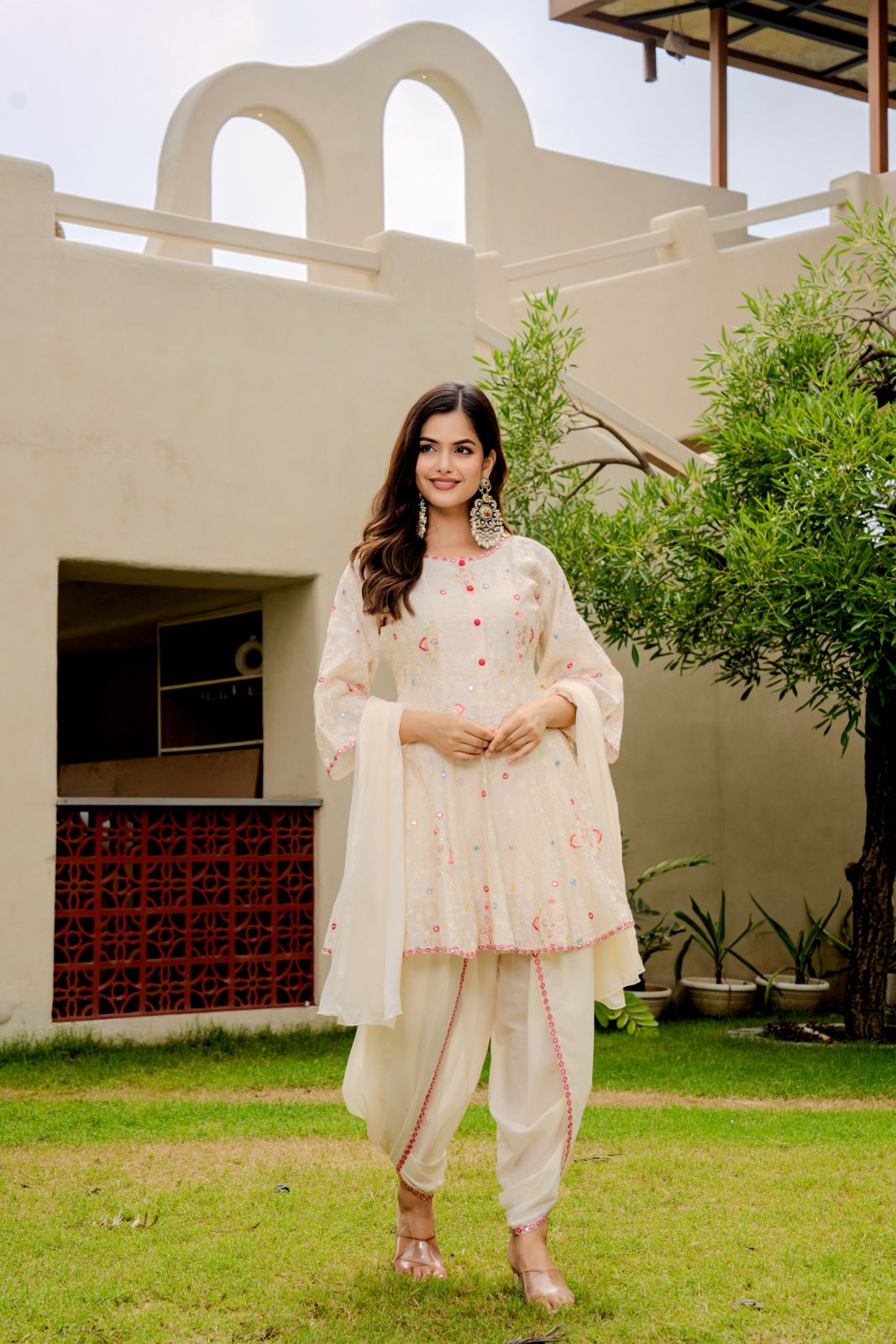 Chic Off-White Embroidered Kurta with Dhoti Pants & Dupatta – Festive Ethnic Set for Women