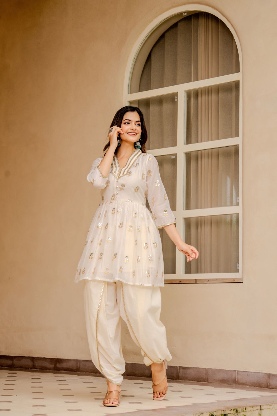 Elegant Off-White Mirror Work Kurta with Dhoti Pants & Dupatta – Festive Women’s Ethnic Set