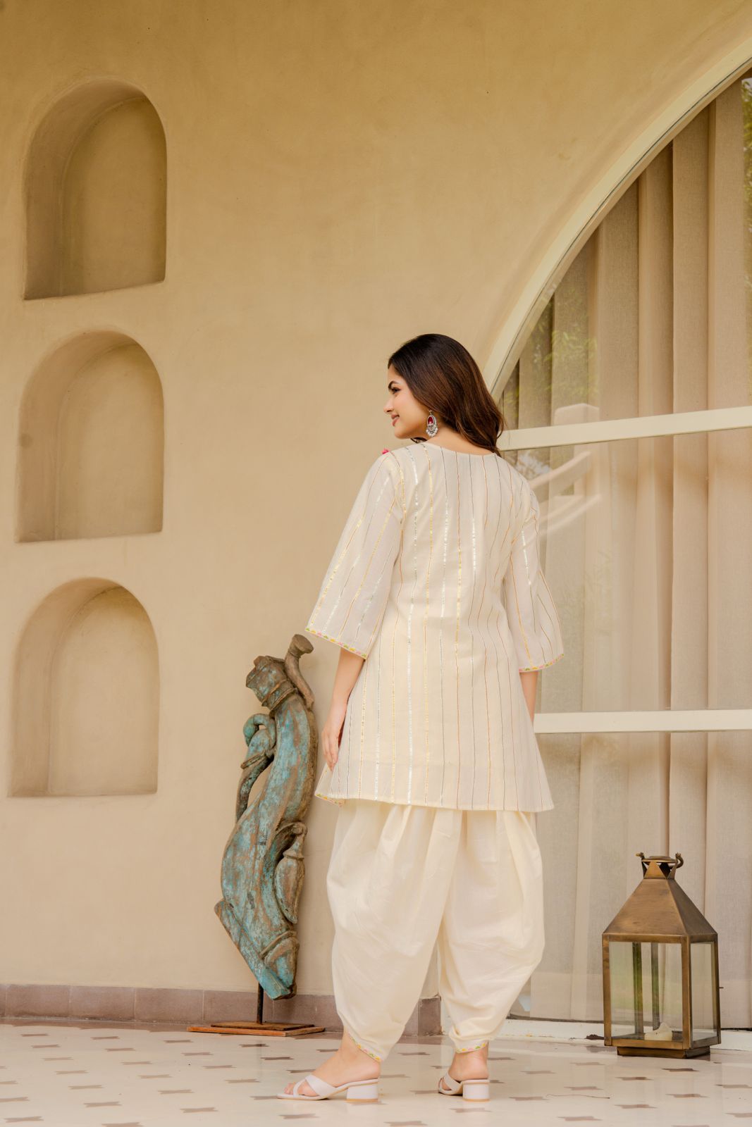 Elegant Off-White Mirror Work Kurta with Dhoti Pants & Dupatta – Festive Women’s Ethnic Set