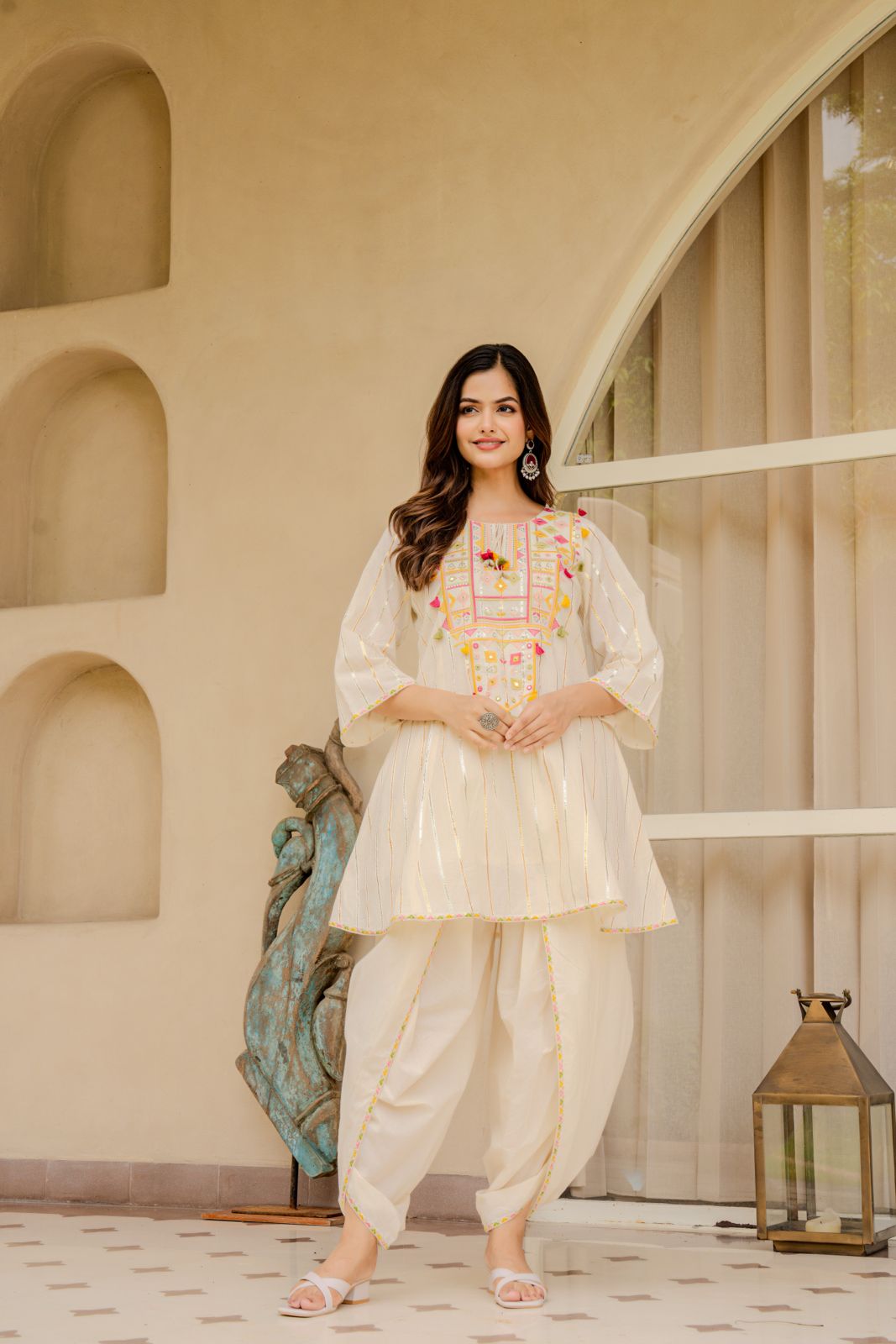 Elegant Off-White Embroidered Kurta with Dhoti Pants – Festive & Ethnic Wear for Women