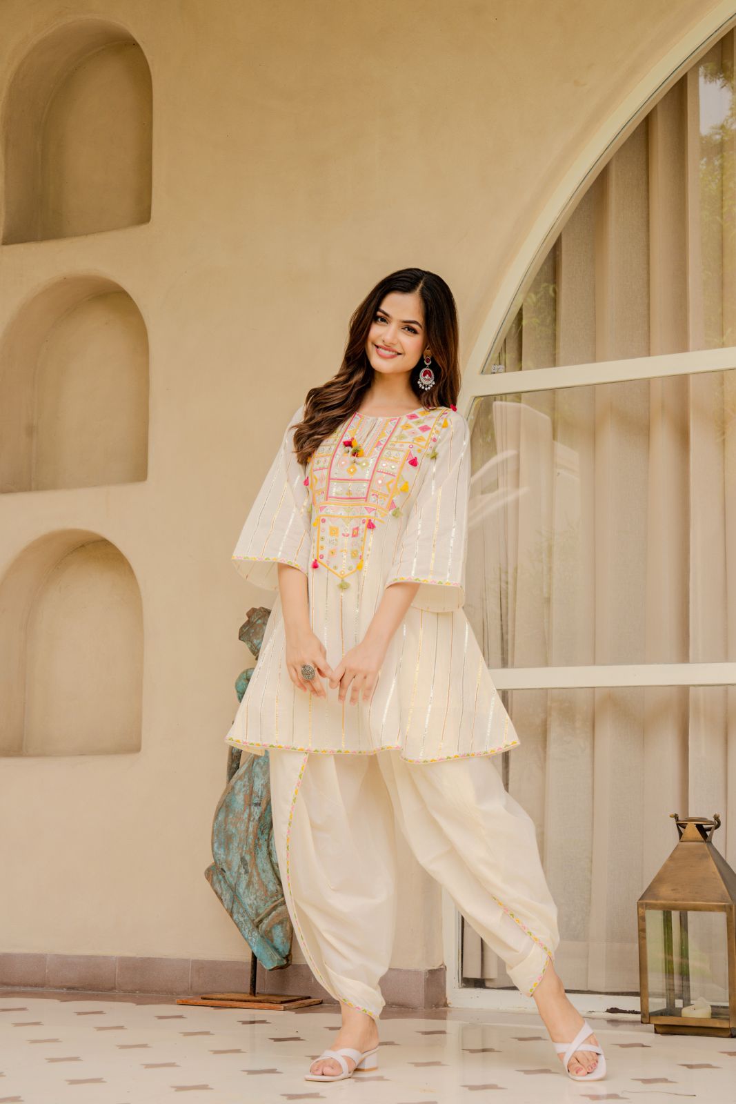 Elegant Off-White Embroidered Kurta with Dhoti Pants – Festive & Ethnic Wear for Women