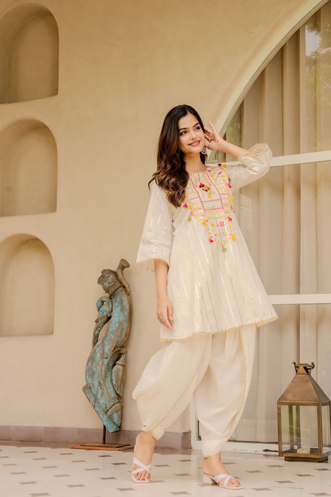 Elegant Off-White Embroidered Kurta with Dhoti Pants – Festive & Ethnic Wear for Women