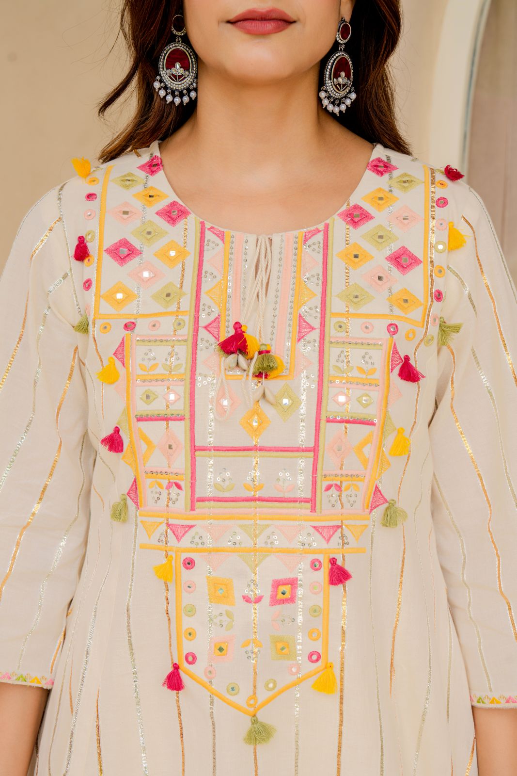 Elegant Off-White Embroidered Kurta with Dhoti Pants – Festive & Ethnic Wear for Women