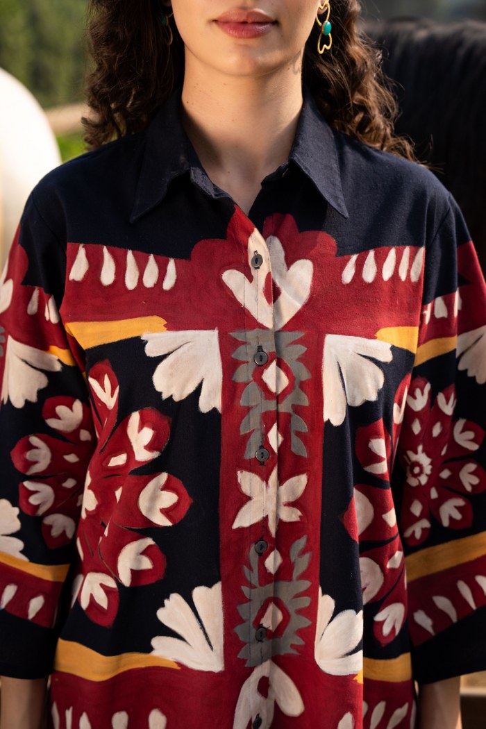 Brush Paint Cotton Co-ord Set – Designer Printed Shirt & Pants for Women