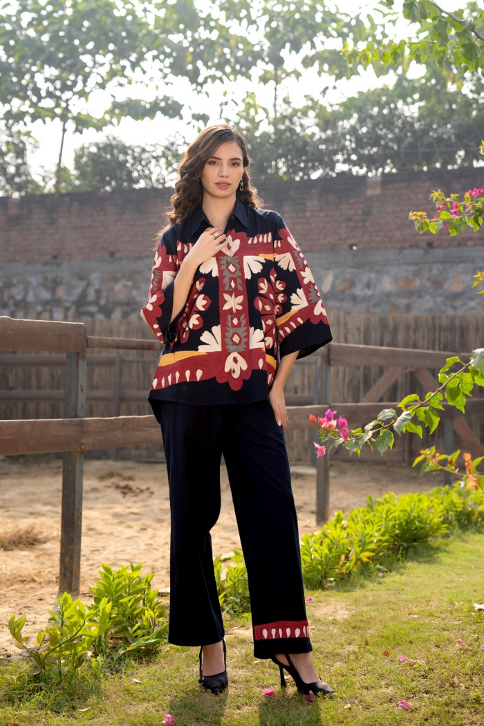 Brush Paint Cotton Co-ord Set – Designer Printed Shirt & Pants for Women