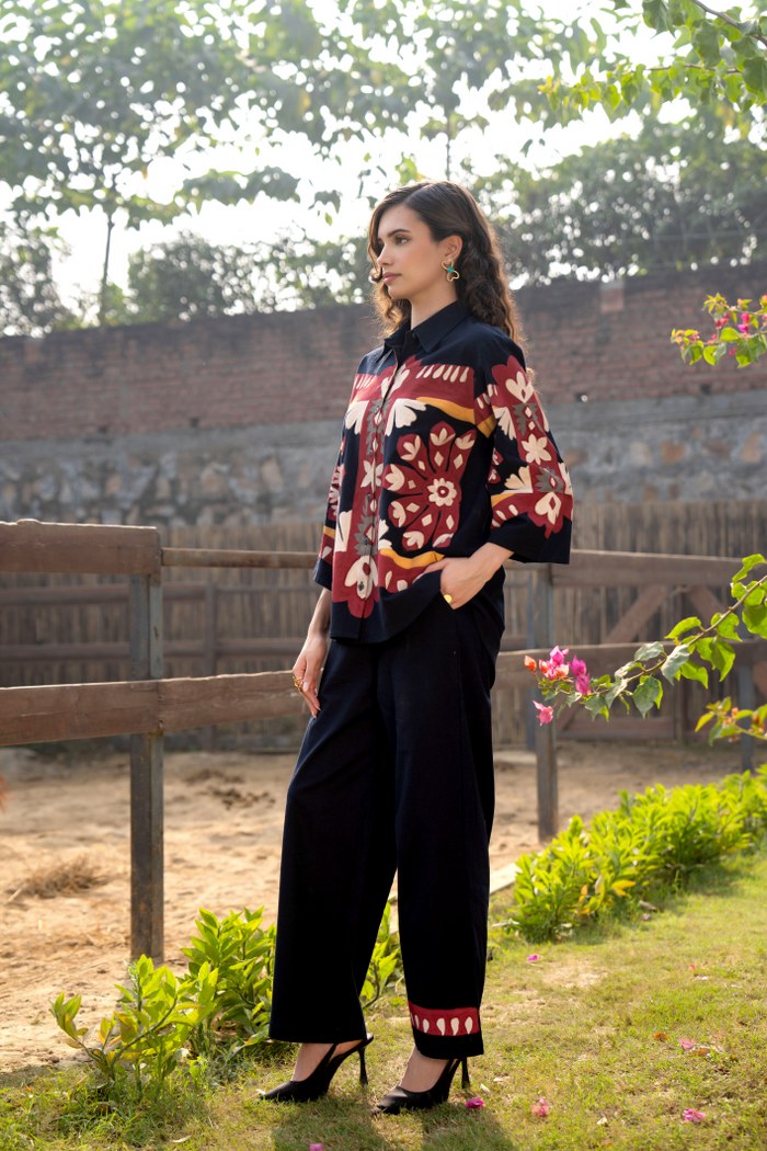 Brush Paint Cotton Co-ord Set – Designer Printed Shirt & Pants for Women
