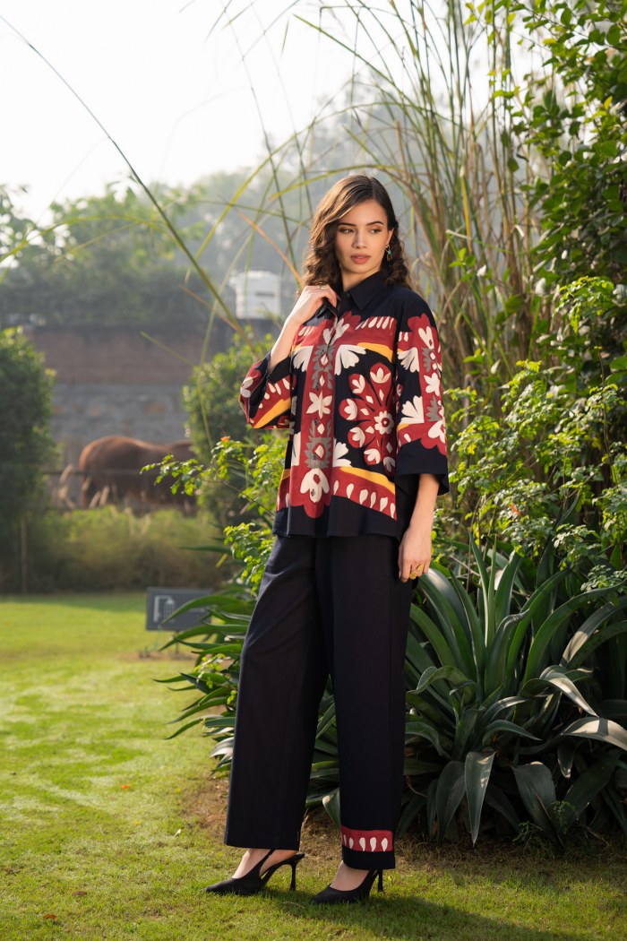 Brush Paint Cotton Co-ord Set – Designer Printed Shirt & Pants for Women