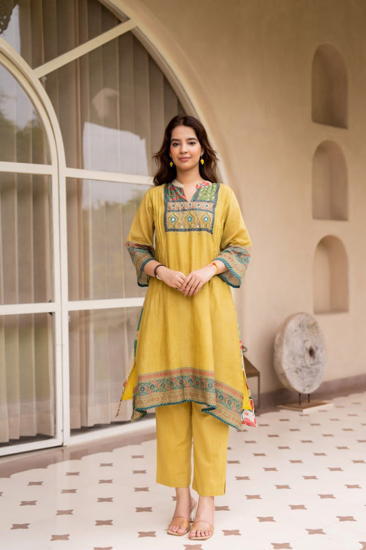 Yellow Mal Cotton Printed Kurti Set for Women | Ethnic Straight Kurta with Pants | Comfortable Daily & Festive Wear