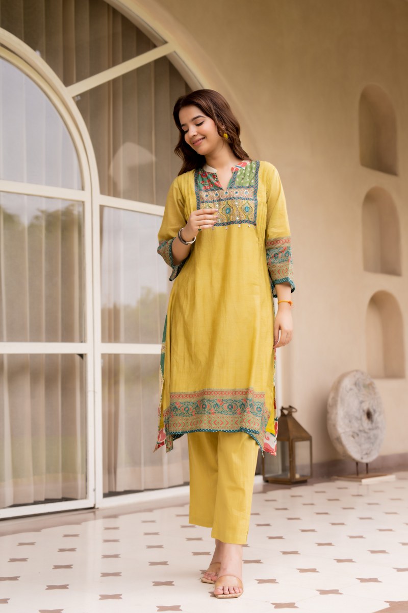 Yellow Mal Cotton Printed Kurti Set for Women | Ethnic Straight Kurta with Pants | Comfortable Daily & Festive Wear