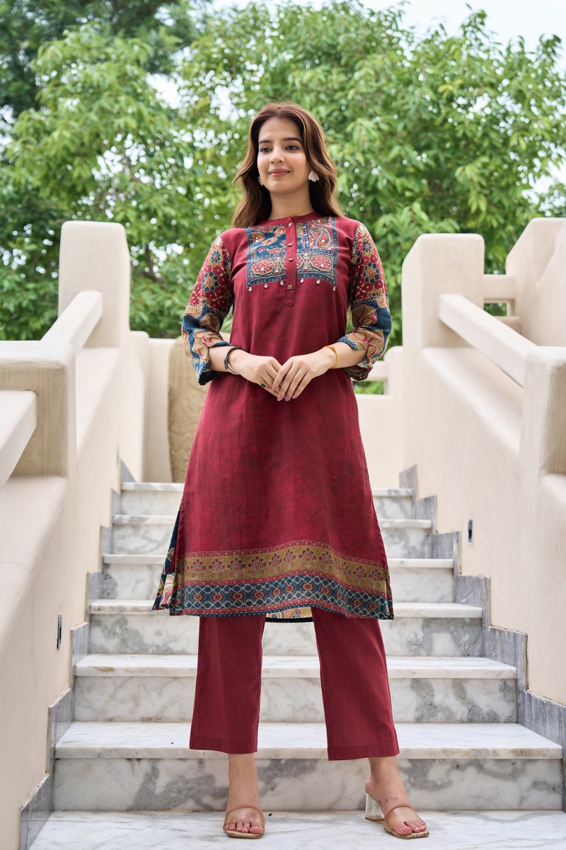 Maroon Mal Cotton Printed Kurti Set for Women | Ethnic Straight Kurta with Pants | Comfortable Daily & Festive Wear