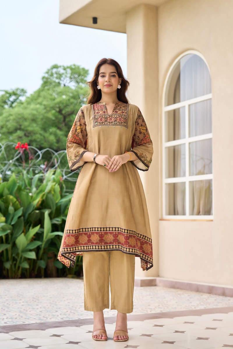 Beige Mal Cotton Printed Kurti Set for Women | Elegant Ethnic Wear with Palazzo Pants | Comfortable Daily & Festive Outfit