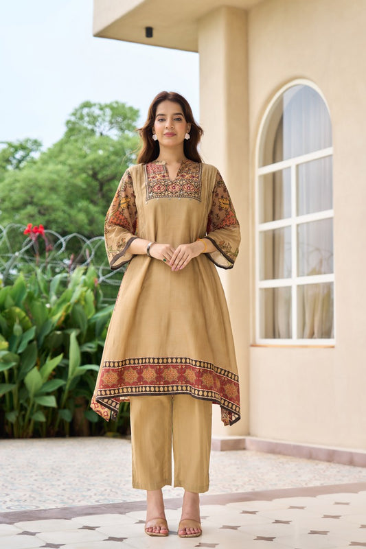 Beige Mal Cotton Printed Kurti Set for Women | Elegant Ethnic Wear with Palazzo Pants | Comfortable Daily & Festive Outfit
