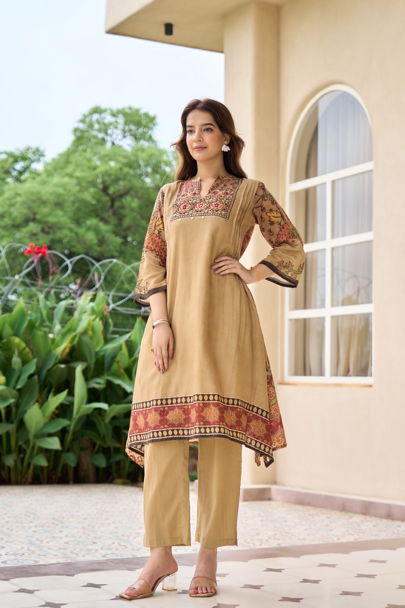 Beige Mal Cotton Printed Kurti Set for Women | Elegant Ethnic Wear with Palazzo Pants | Comfortable Daily & Festive Outfit