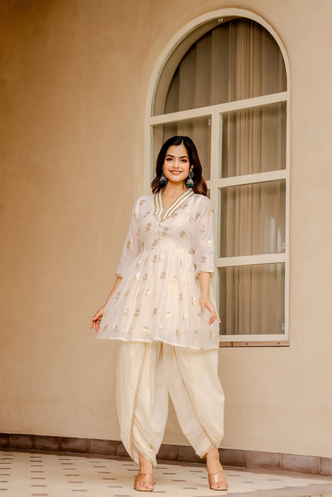 Elegant Off-White Mirror Work Kurta with Dhoti Pants & Dupatta – Festive Women’s Ethnic Set