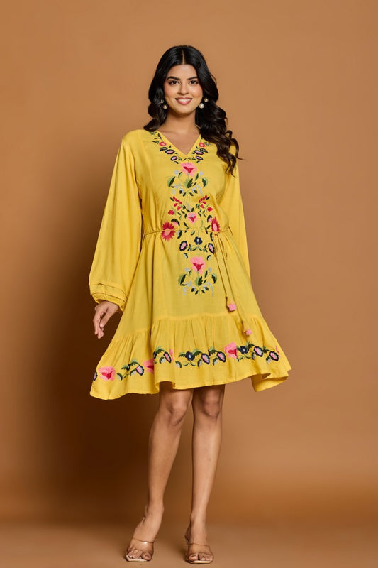 Mustard Yellow Floral Embroidered A-Line Short Dress