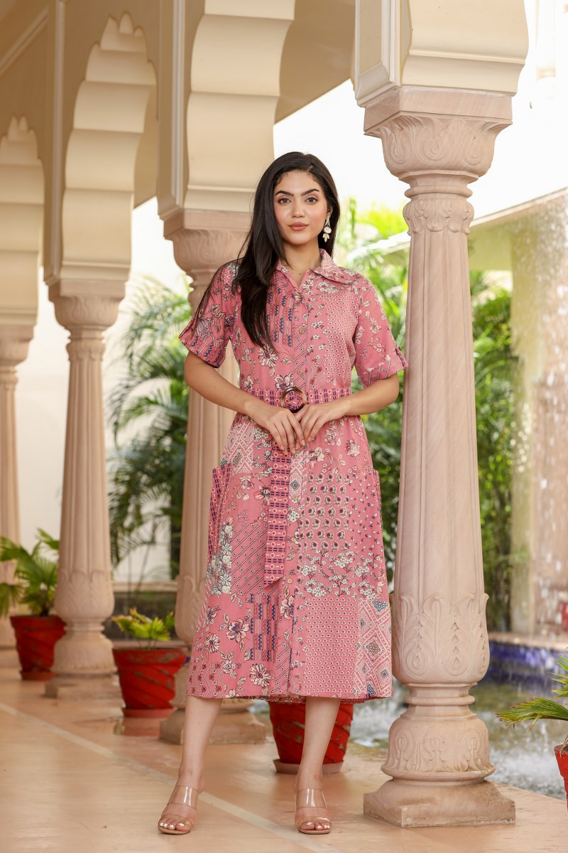 Women's Pink Patchwork Print Belted Shirt Midi Dress